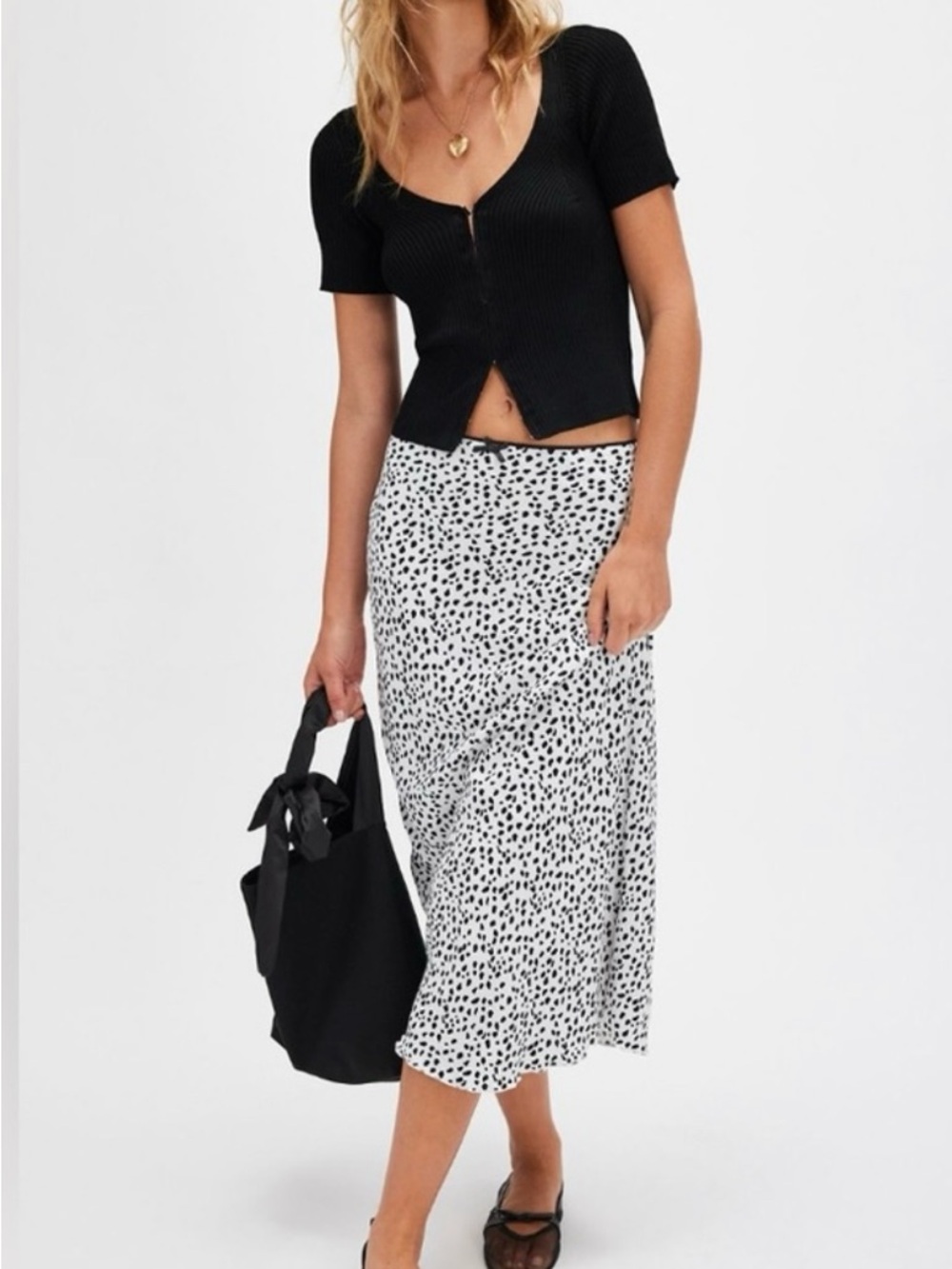 NWT Free People Black & White Dalmatian polka dot spots Print Midi Skirt